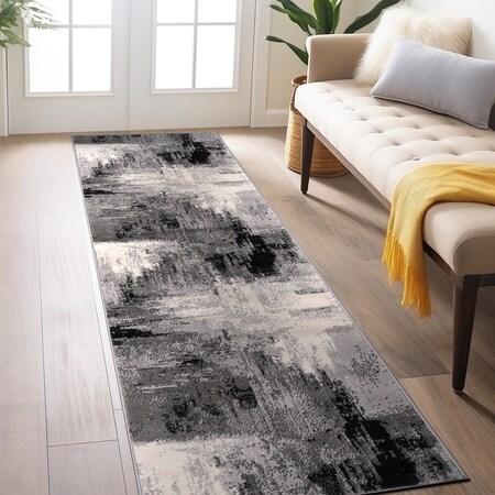 World Rug Gallery Bari Contemporary Abstract Art Runner Rug 2'x7' Black 4055BLACK2X7
